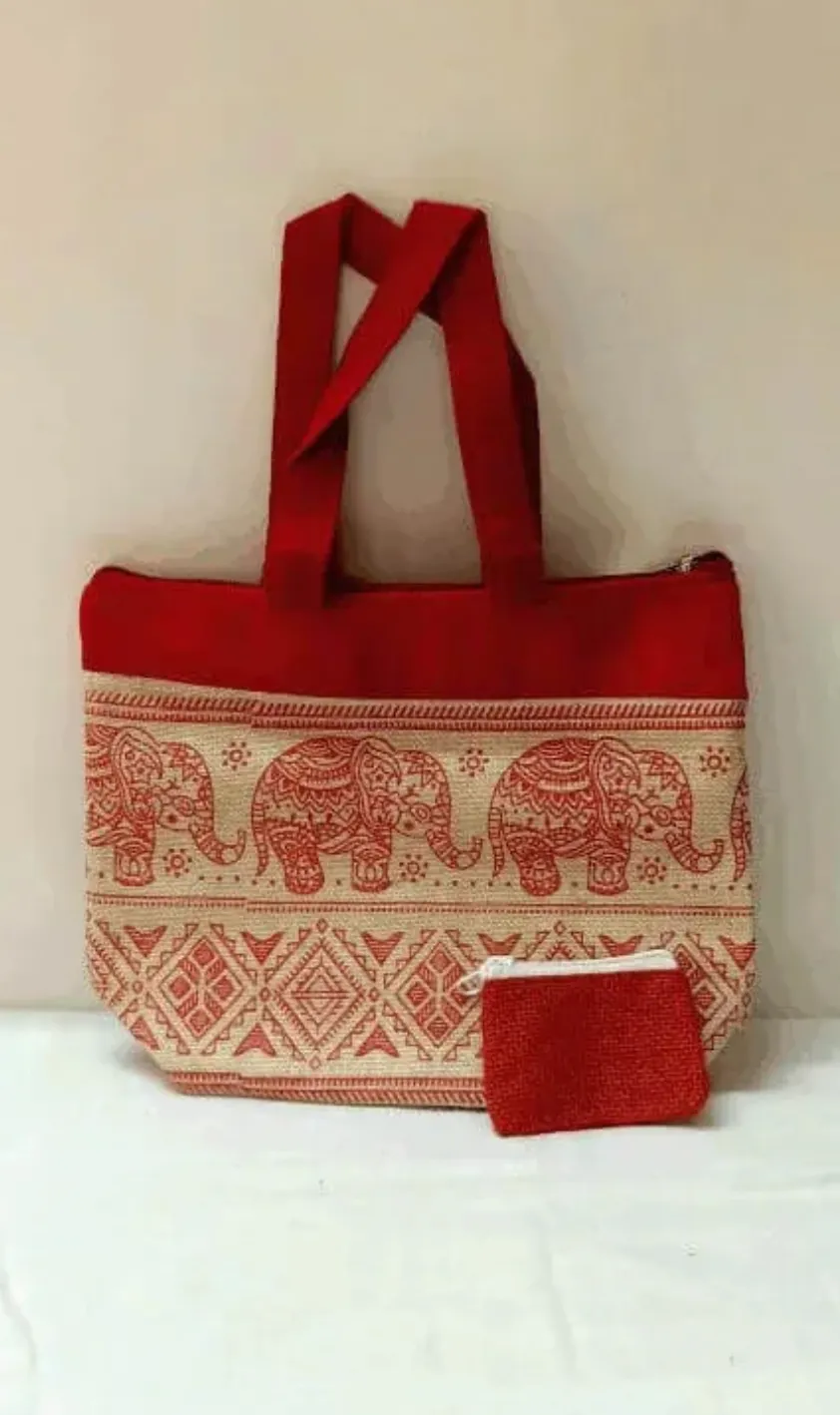 Print Jute Mix Bag with Coin Purse 1pc